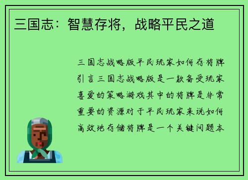三国志：智慧存将，战略平民之道